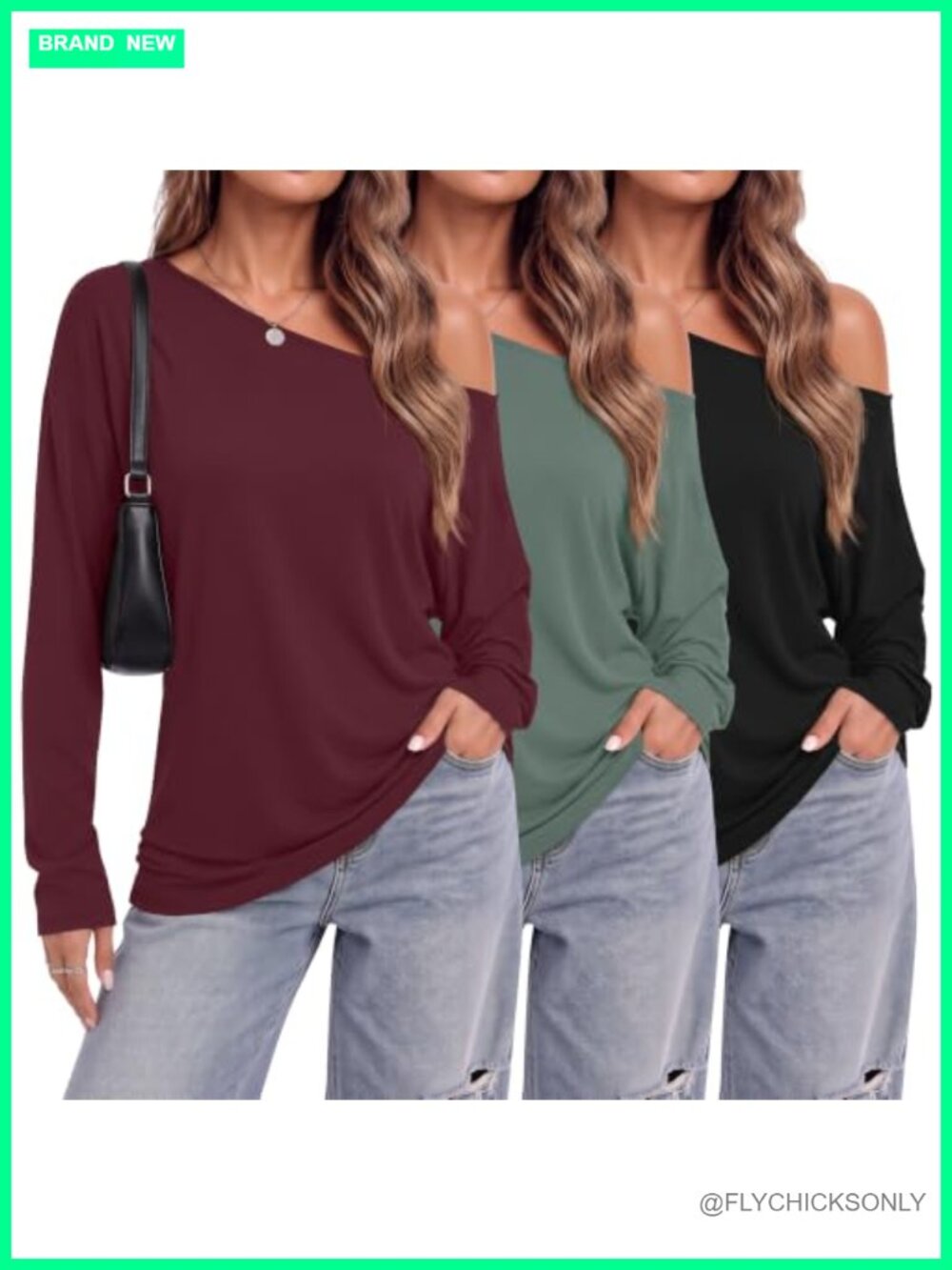 Off Shoulder Tops Long Sleeve Boat Neck Tunic 3 Pack Casual Womens